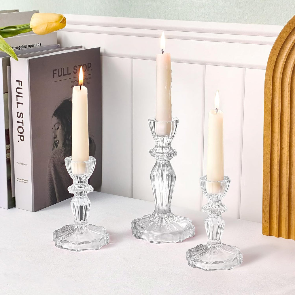Glass Candlestick Holders Set of 6, Clear Stripe Taper Candle Holders for Table Centerpiece, Home Decorations, Wedding and Party