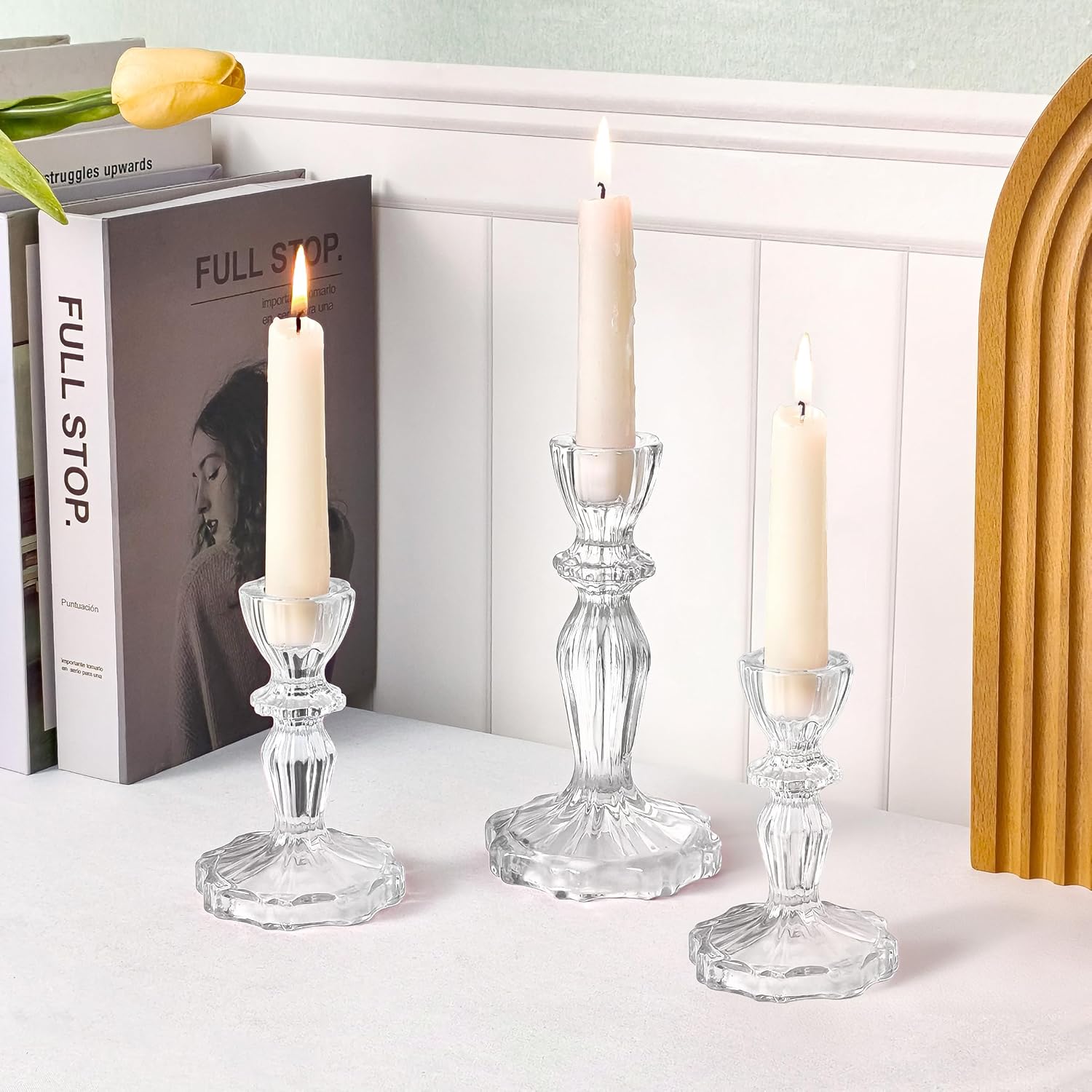 Glass Candlestick Holders Set of 6, Clear Stripe Taper Candle Holders for Table Centerpiece, Home Decorations, Wedding and Party