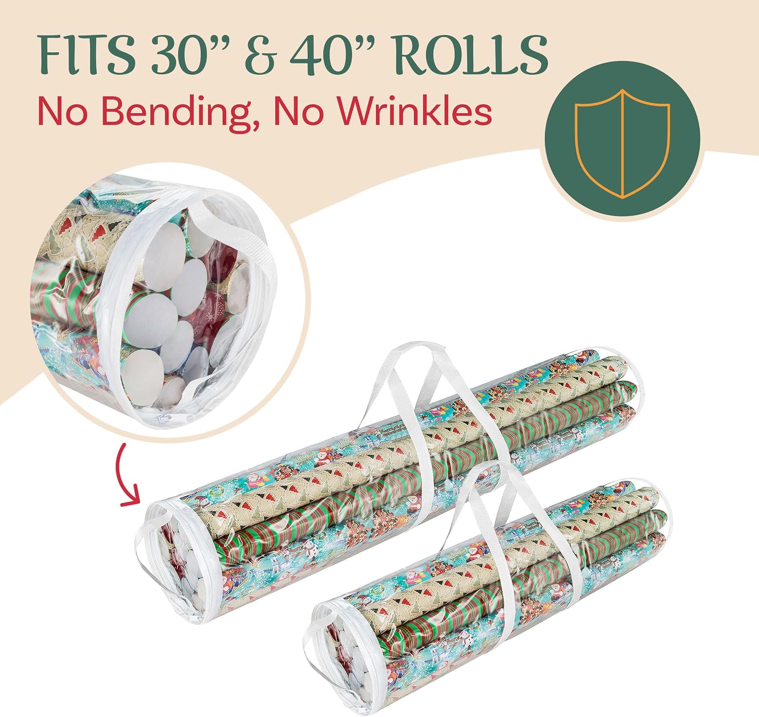 Elf Stor Gift Wrapping Paper Roll Storage Bags 31" and 40" long, Clear Totes with Handles, fits up to 25 pcs gift wrap paper roll in each bag