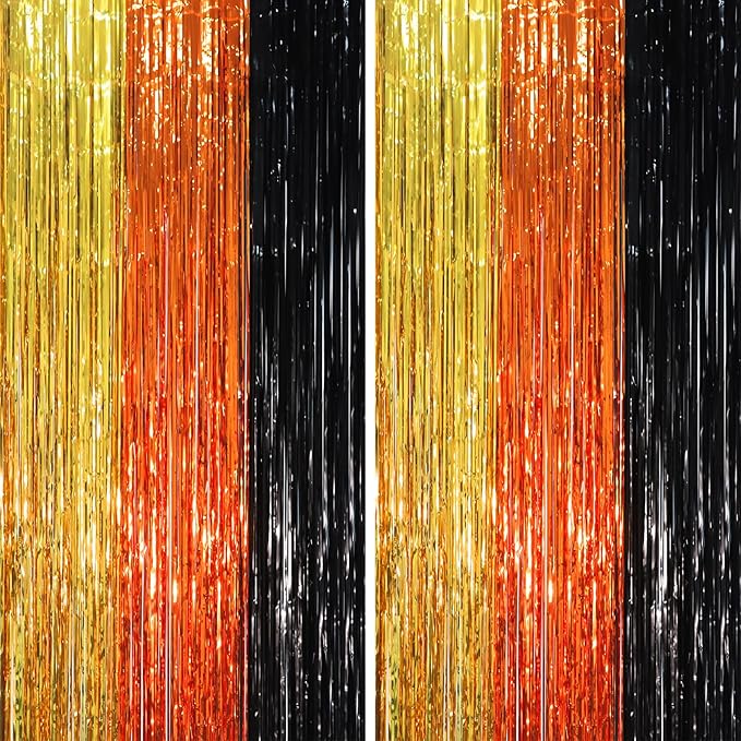 2 Pack Black Gold Orange Foil Fringe Backdrop Curtains, Tinsel Streamers Party Decorations, Fringe Backdrop, Door Shimmer for Construction or Birthday Party