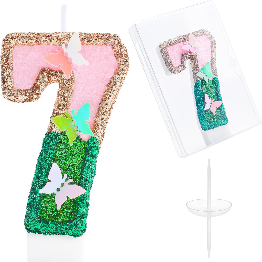 Butterfly Birthday Candles Numbers for Cakes, Pink and Green Party Decorations, Birthday Party Glitter Number 7 Candle Cake Topper with Sequins for Girls Women Anniversary Celebrations Supplies
