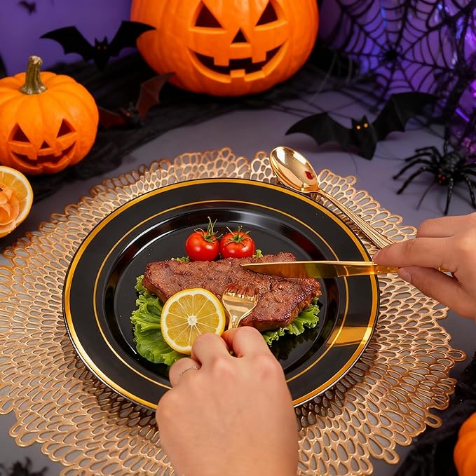 175PCS Black and Gold Plates - Black Disposable Plates for Party - 25Guests Disposable Dinnerware Set for Halloween/New Year/Wedding