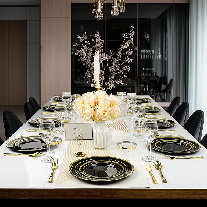 BESTVIP 300PCS Black Gold Dinnerware Set for 50 Guests, Plastic Plates for Halloween Party and Christmas, 50 Disposable Plates, 50 Dessert Plates, 50 Cups, 50 Spoons, 50 Forks and 50 Knives