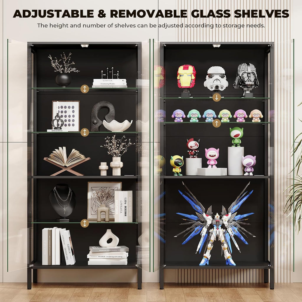 glass display cabinet, 5-tier display case with adjustable, close-up detail