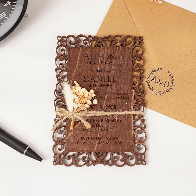 Personalized Wedding Invitations, Laser Cut Wedding Invitation, Flower Wooden Invitations with Envelopes & Stickers, Easy Personalization, 5 Different Color Options