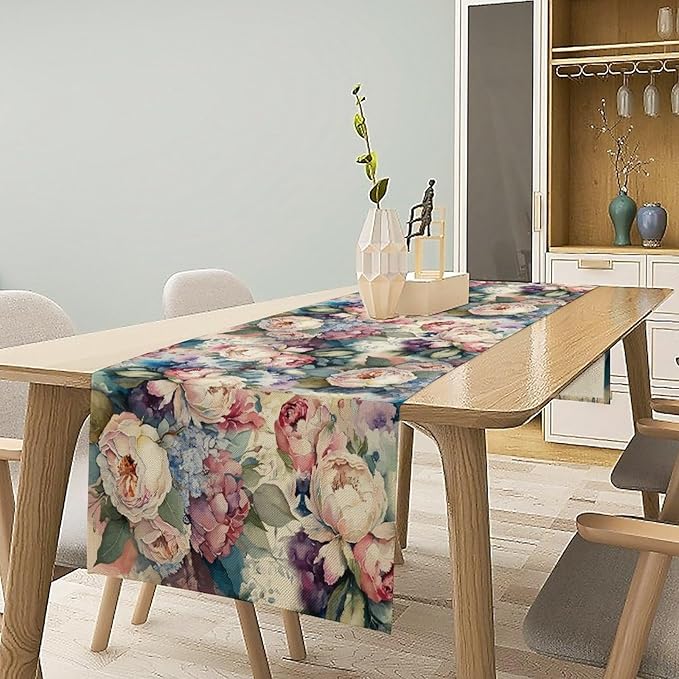 Vintage Floral Table Runner,Girls Women Rose Romantic Leaf Botanical Watercolor Pattern Print Burlap for Hotel Indoors Outdoor Dining Room Kitchen Holiday Party, 13x80in