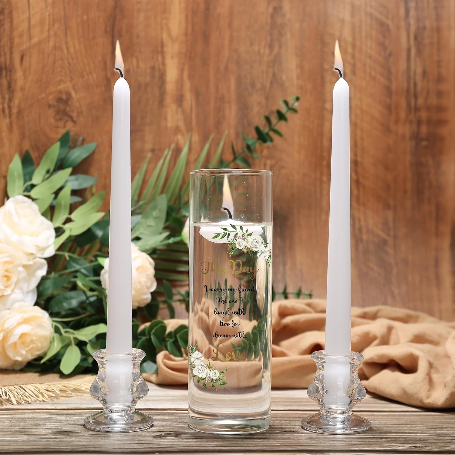 Unity Candles with Glass Holder for Wedding Ceremony - Unity Candles for Wedding, Religious Ceremony Ideas Marriage Decoration Accessories Set for Newly Couple Anniversary Church (Flower)