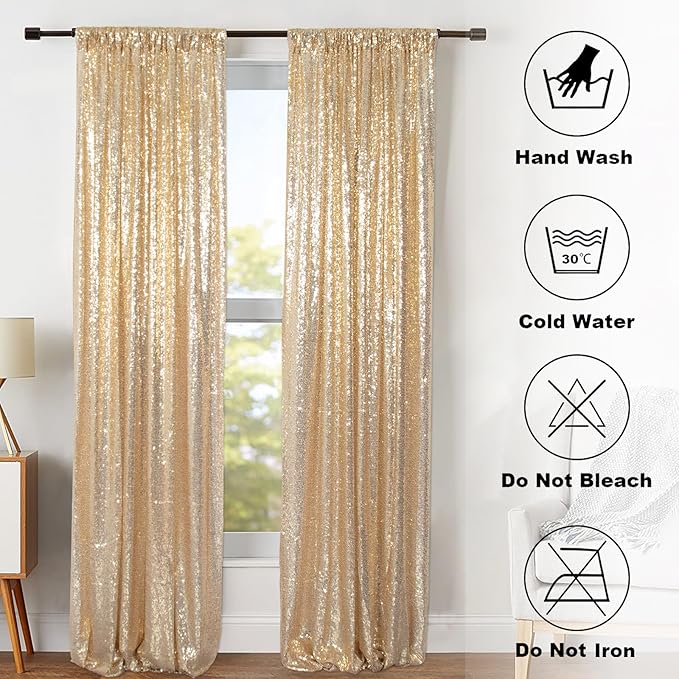 ShinyBeauty Light Gold Backdrop Sequin Curtains 4FTx7FT 2 Pieces Photograph Backdrops Golden Curtain Panels Shimmer Background for Birthday,Party,Wedding,Photoshoot Decor(8FTX7FT)