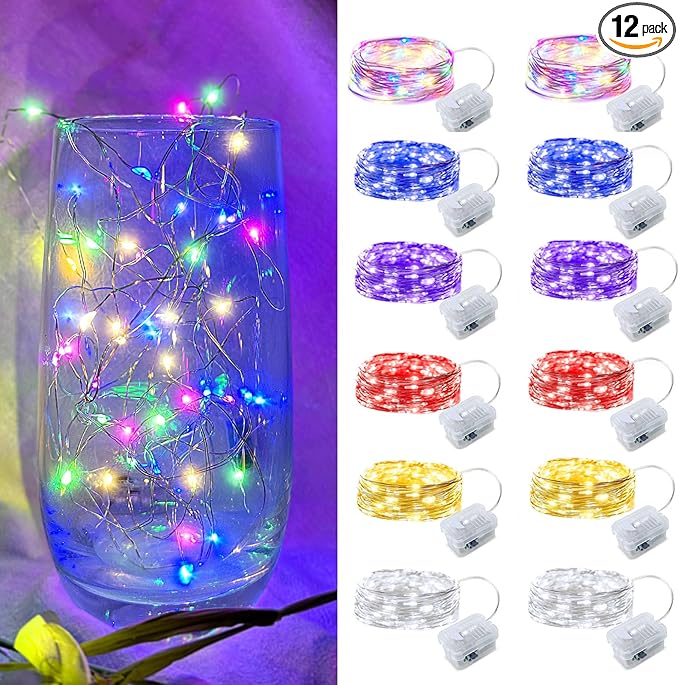 12 Pack Led Fairy Lights - 6 Colors, Battery Operated LED Silver Wire String Lights, 7FT 20LED Mini Firefly Starry String Lights Waterproof Led Twinkle Lights for Mason Jar DIY Christmas Decor