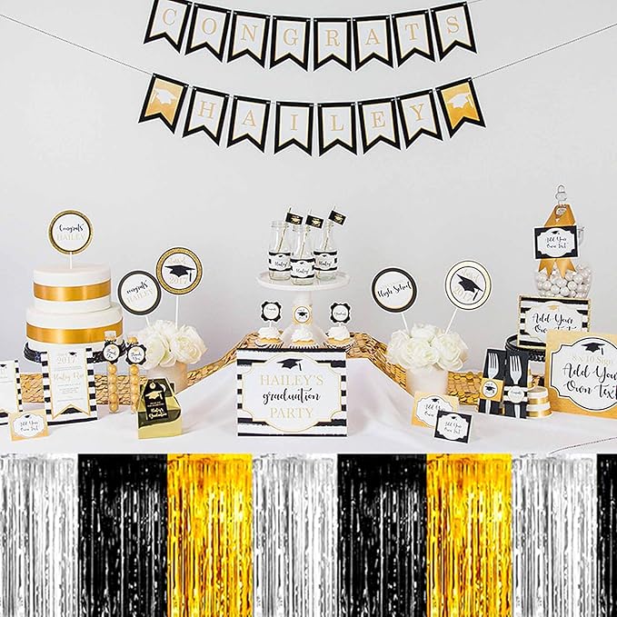 3 Pack 29 x108 Inch Black Gold Silver Foil Fringe Table Skirts Metallic Banner for Tinsel Streamer Garland Backdrop for Parade Floats Mother's Day, Graduate, Birthday, Wedding Party Decoration