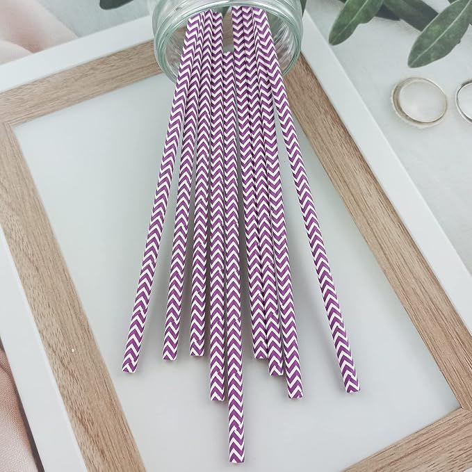 YAOSHENG Premium Disposable Waves Striped Drinking Paper Straws, Pack 100 Purple Waves Paper Straws for Cocktail Party Supplies,Birthday,Bridal/Baby Shower,Juice,Shakes (Purple Waves)