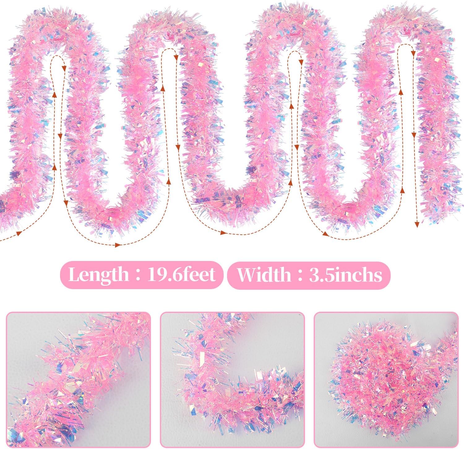 LOMIMOS 17 Ft Easter Christmas Tinsel Garland,Pink Glittering Decoration for Xmas Tree Party Wedding Supplies