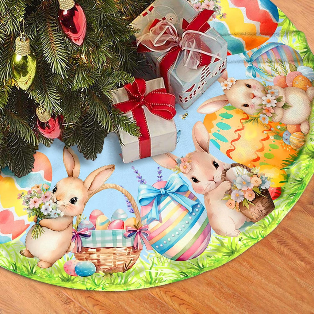 Easter Bunny Eggs Tree Skirt 36 Inch Rabbit Christmas Tree Skirt Xmas Ornaments for Holiday Party Decorations Indoor Outdoor