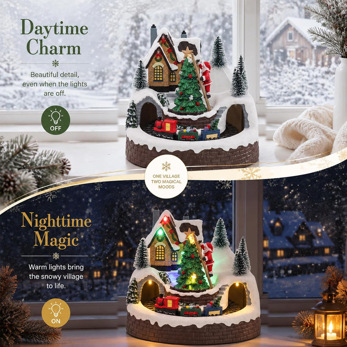 mumtop christmas village house, lighted christmas train sets, close-up detail