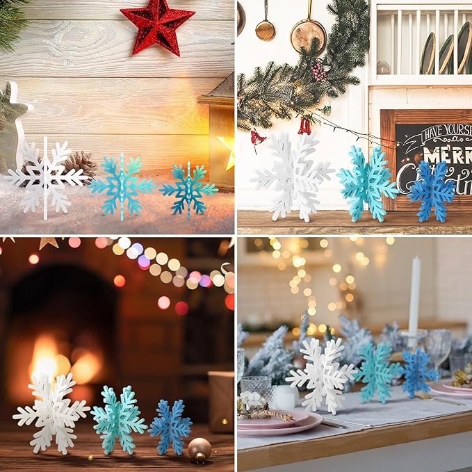 Bucherry 12 Pcs Wooden Snowflake Table Decor 3D Snowflake Tabletop Signs and Centerpiece for Christmas Xmas Winter Wonderland Decorations Home Party(White, Dark Blue, Light Blue)