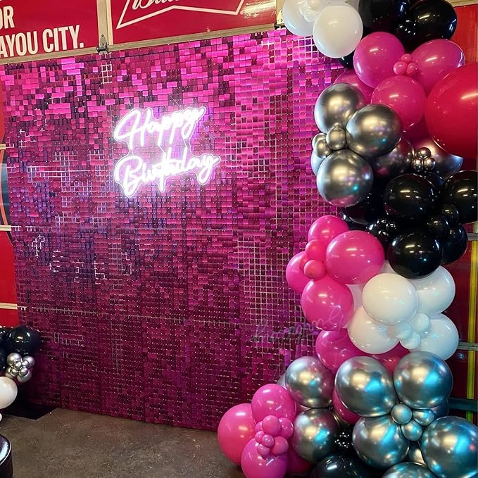 Qcity Hot Pink Shimmer Wall Backdrop 36PCS, Black Back Not See-Through Design, Square Sequin Glitter Backdrop Panel, Perfect for Outdoor Events, Birthdays, Wedding and Party Decoration