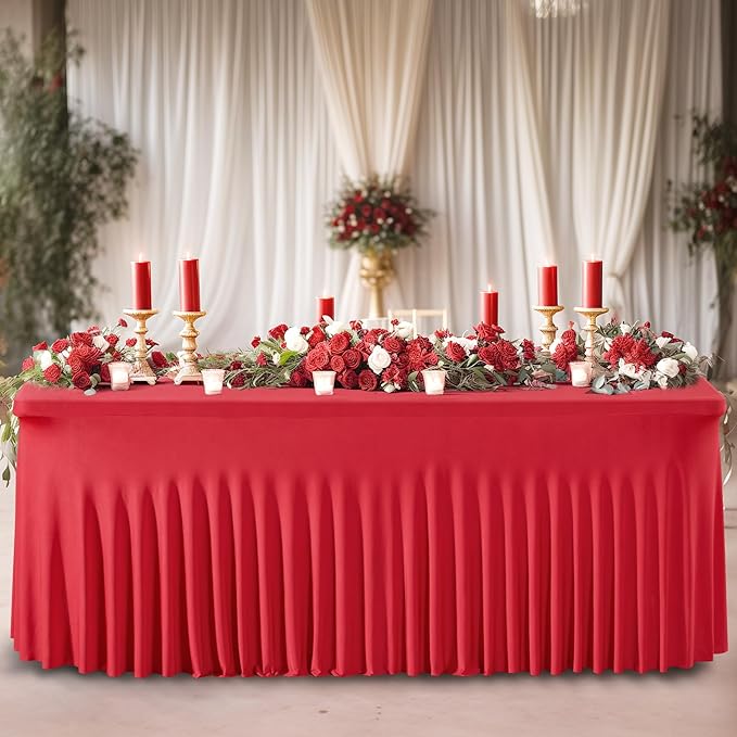 2 Pack Red Spandex Table Clothes for 8 Foot Rectangle Tables, 8FT Wrinkle Free Fitted Tablecloths Ruffles Design Stretch Table Cover for Party, Banquet, Wedding and Events
