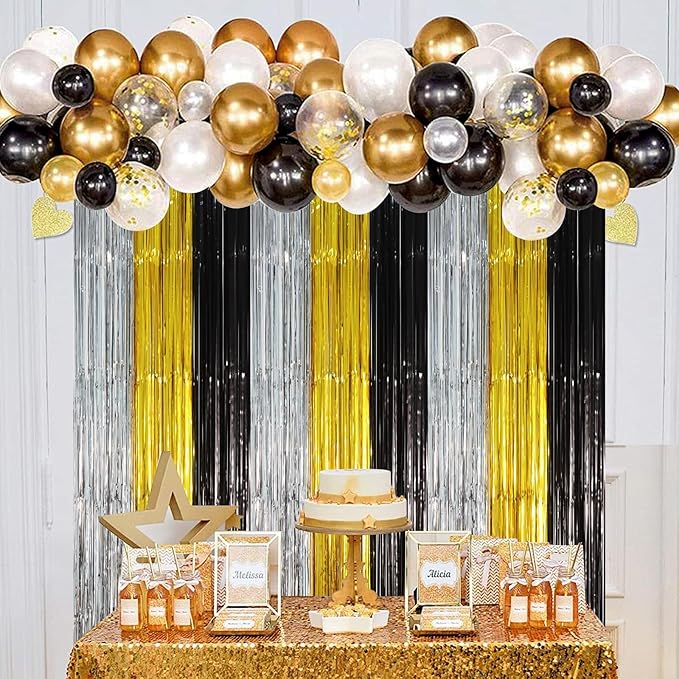 2 Pack Black Gold Silver Foil Fringe Backdrop Curtains, Tinsel Streamers Party Decorations, Fringe Backdrop, Door Shimmer for New Years or Birthday Party