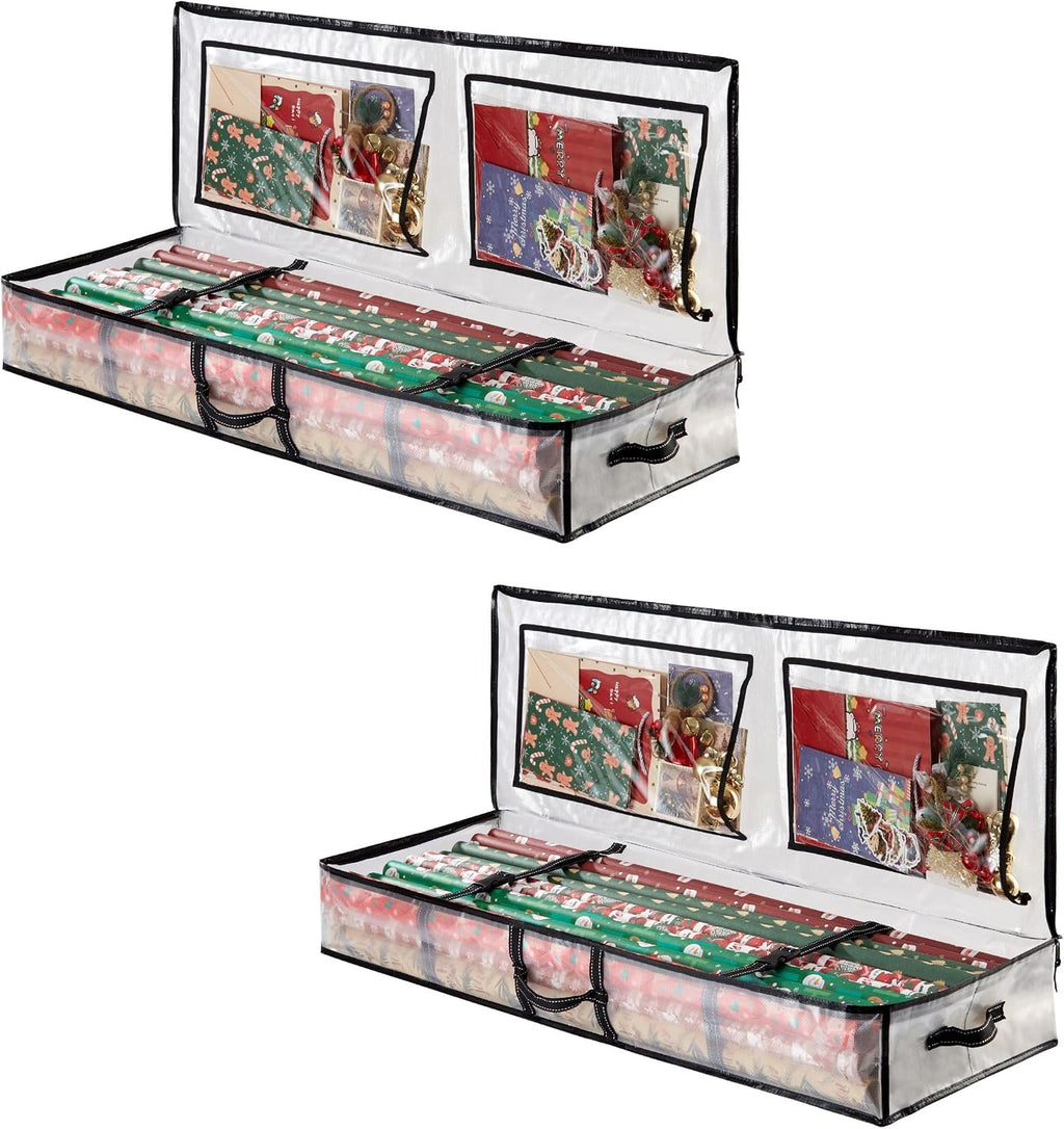 VENO 2 Pack Clear Wrapping Paper Organizer Storage Box for Christmas Gift Bags and Holiday Accessories, Underbed Storage Container with Interior Pockets, 40 Inches Long Fits 24 Rolls (2 Pack)