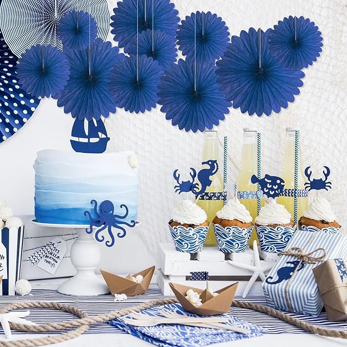 20 Pcs Navy Blue Hanging Paper Fan, Hanging Honeycomb Round Paper Fans for Weddings, Birthdays, Easter, Baby Showers, Classroom, Events Ceiling Party Supplies Decorations