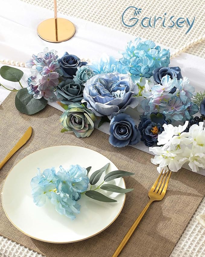 Artificial Flowers Combo Box Set Dusty Blue Flowers for DIY Wedding Bouquet Arrangements Bridal Shower Party Home Decorations(White Blue Rose)
