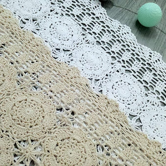 Cotton Handmade Crochet lace Table Runners Rectangular Tablecloth Doilies Doily Table Dresser Scarf Décor,19x27Inch,Beige