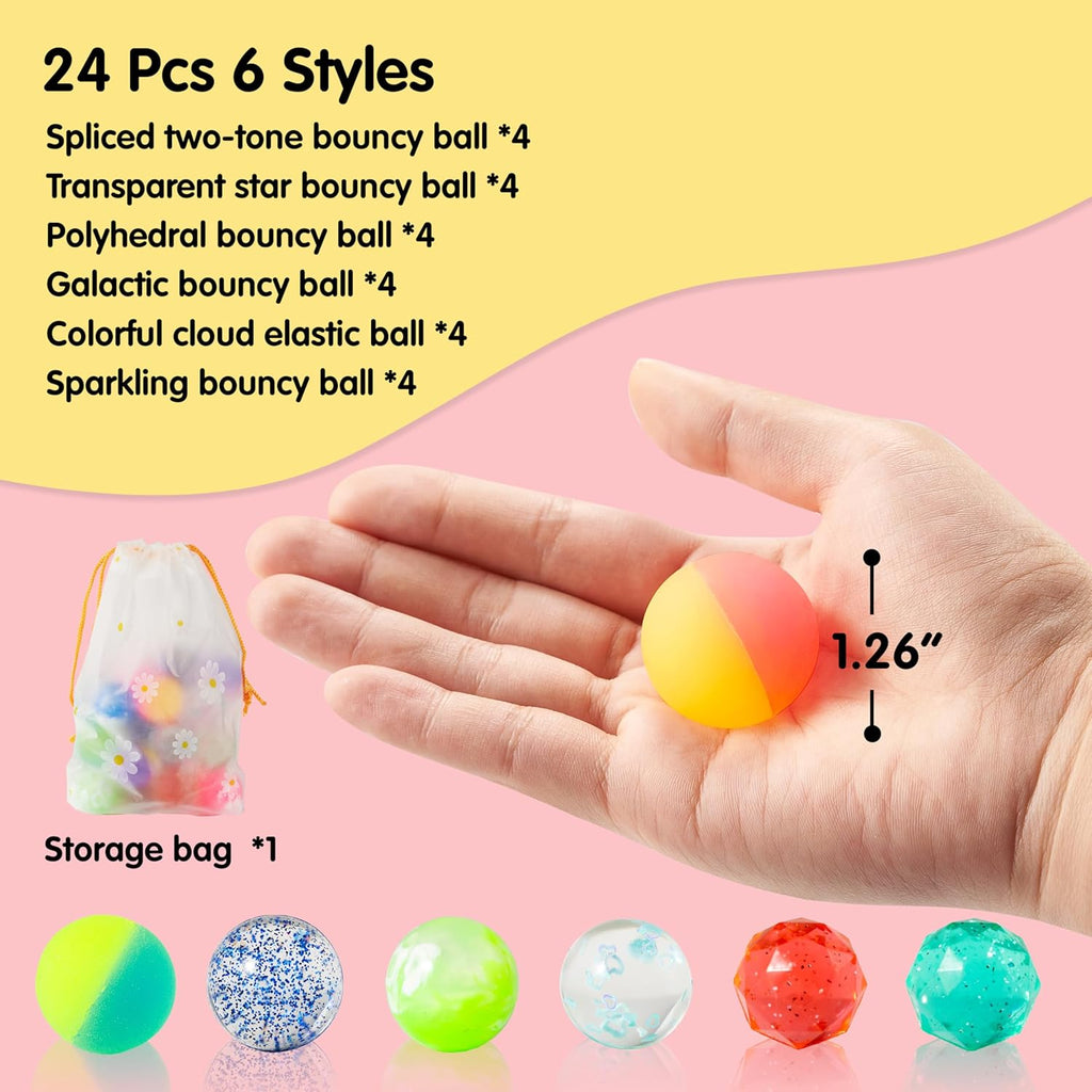 JOYIN 24 PCS Multistyle Bouncy Balls, 6 Styles 32mm Assorted Bouncy Balls Bulk with Storage Bag, Bounce Toys for Kids Party Favors Birthdays Gifts Goodie Bags Stuffers Carnival Prizes
