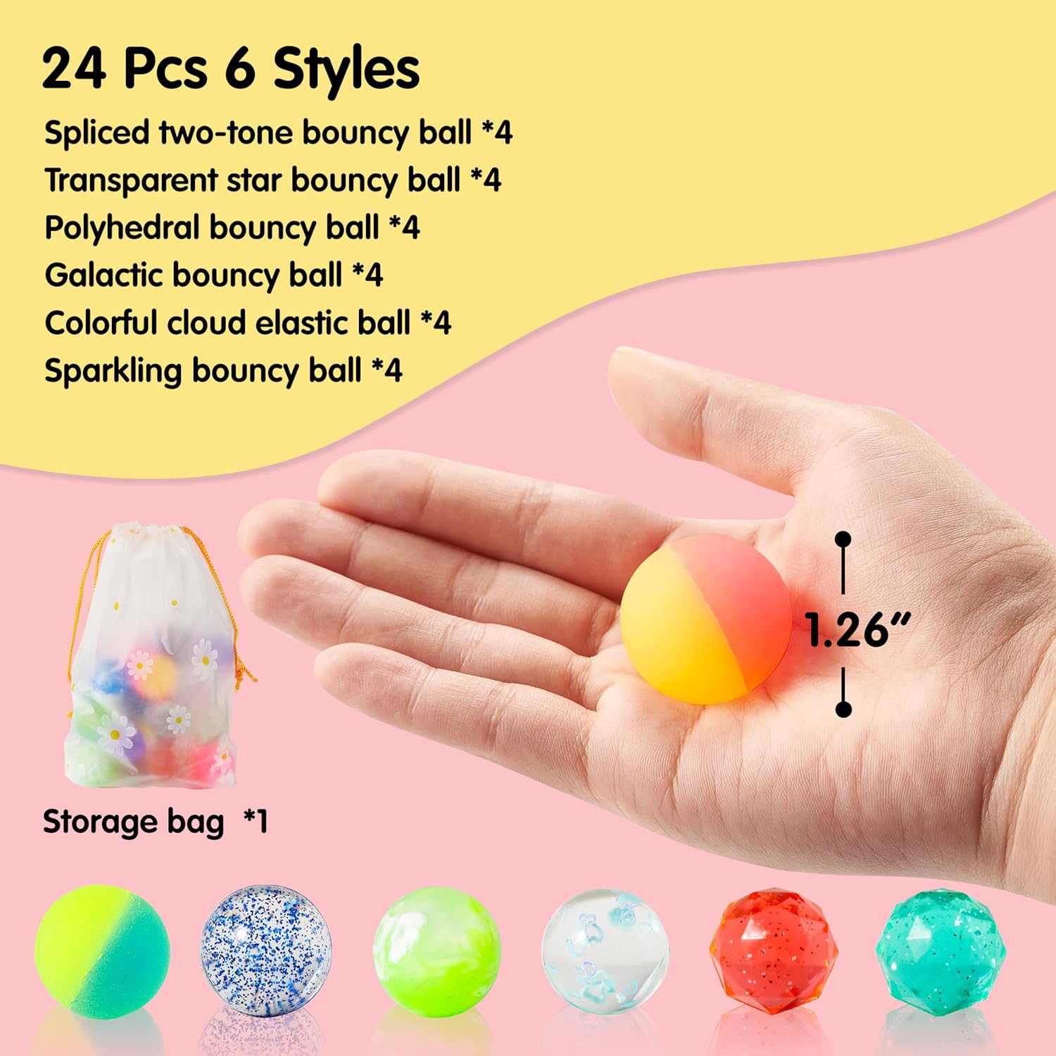 JOYIN 24 PCS Multistyle Bouncy Balls, 6 Styles 32mm Assorted Bouncy Balls Bulk with Storage Bag, Bounce Toys for Kids Party Favors Birthdays Gifts Goodie Bags Stuffers Carnival Prizes