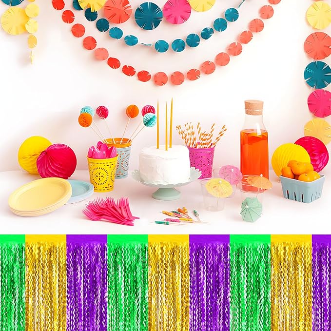 6 Pack 29 x108 Inch Gold Green Purple Wave Foil Fringe Table Skirts Metallic Banner for Tinsel Streamer Garland Backdrop for Parade Floats, Mother's Day, Easter, Wedding, Birthday Party Decoration