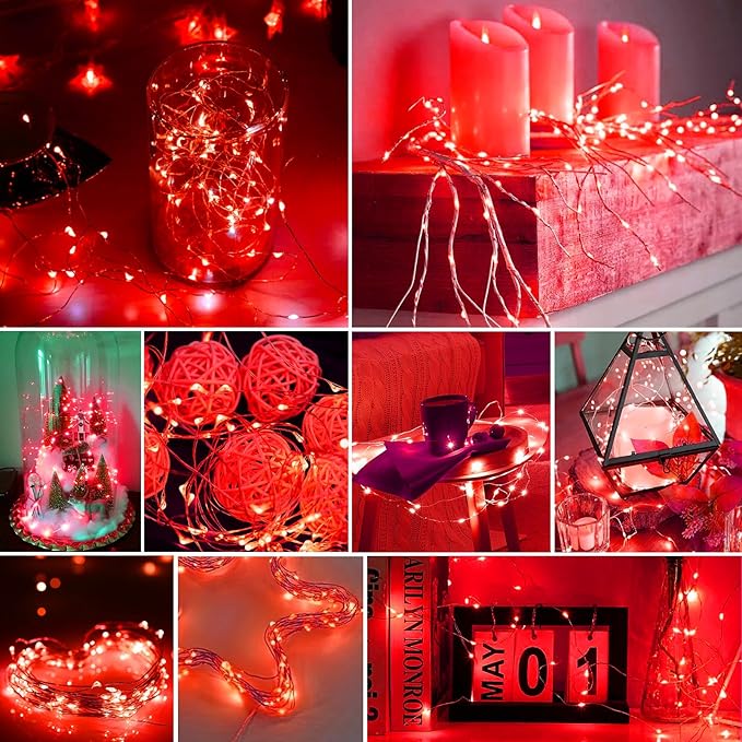 pozzolanas 12 Pack Red Battery Operated String Lights - 7ft Waterproof Fairy Lights with 20 LEDs for Home, Mason Jar, Party, Wedding, Halloween, Christmas Decorations