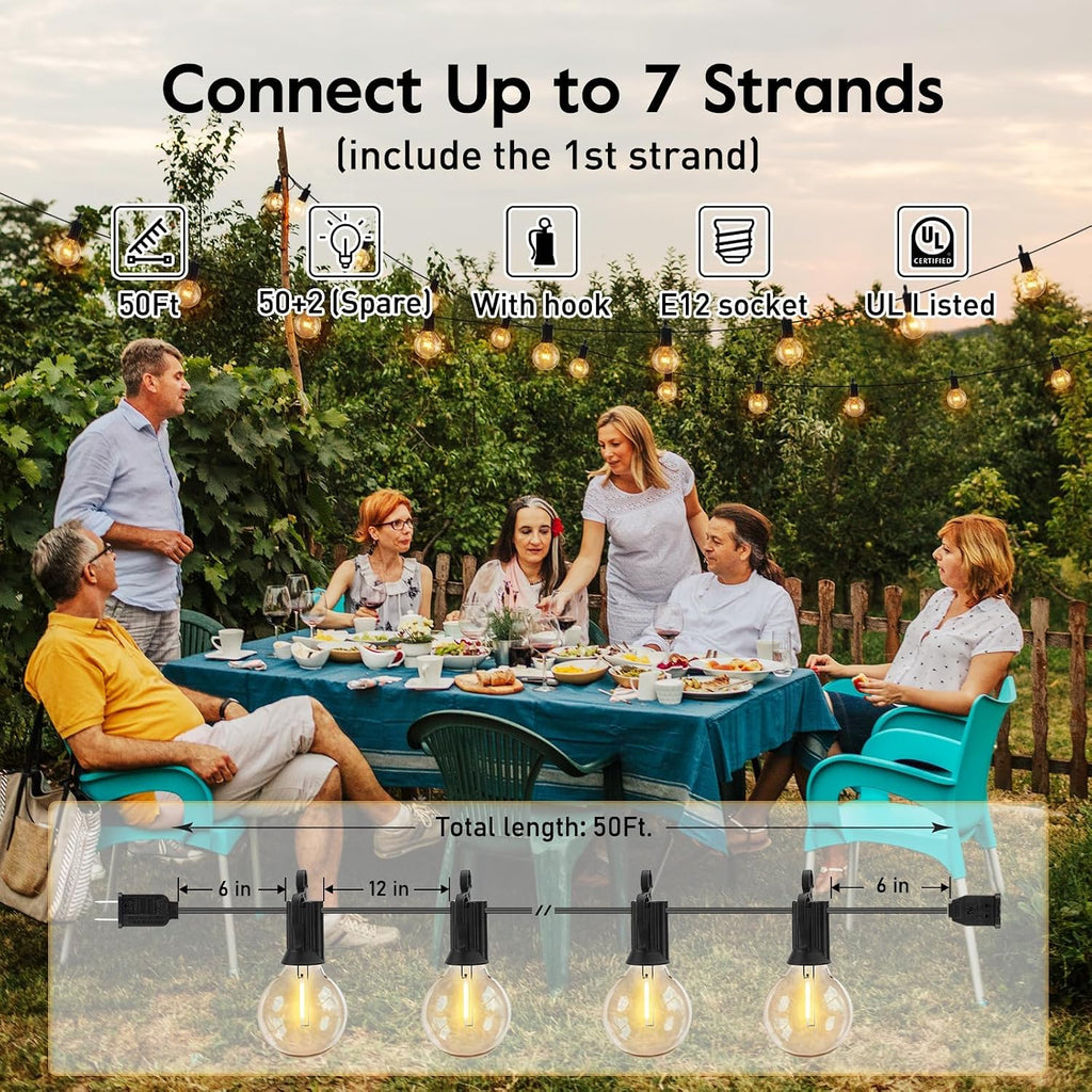 Brightown Outdoor String Lights Hanging Globe Patio Lights with 50 G40 Shatterproof Bulbs(2 Spare), IP44 Waterproof Connectable Commercial 50 Hanging Light for Indoor Outdoor Decor