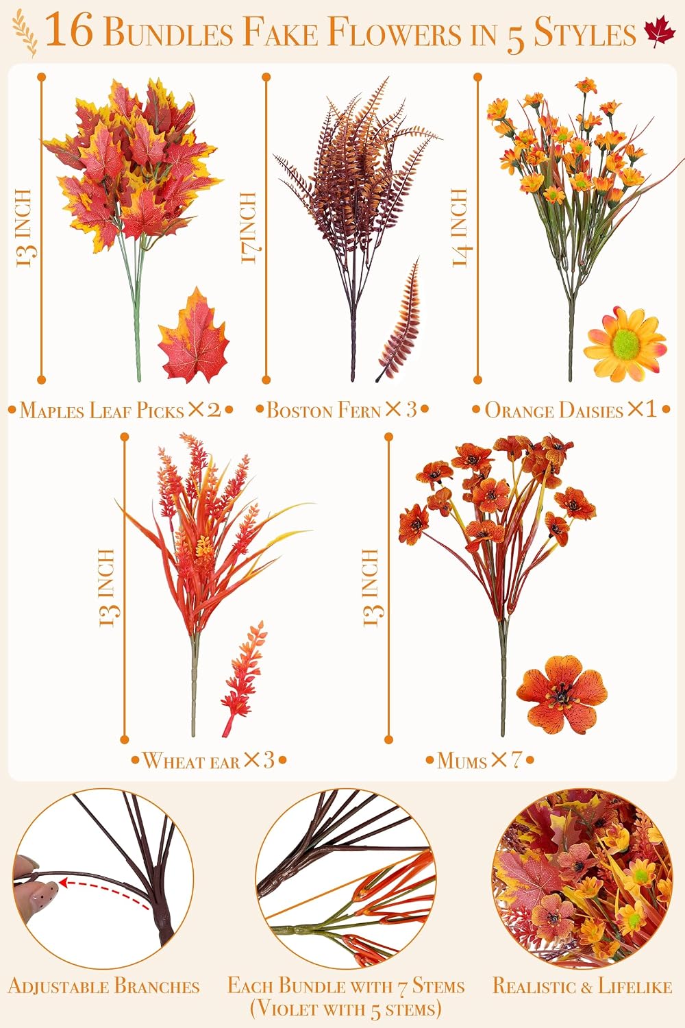 16 bundles 5 styles artificial fall flowers for, side view