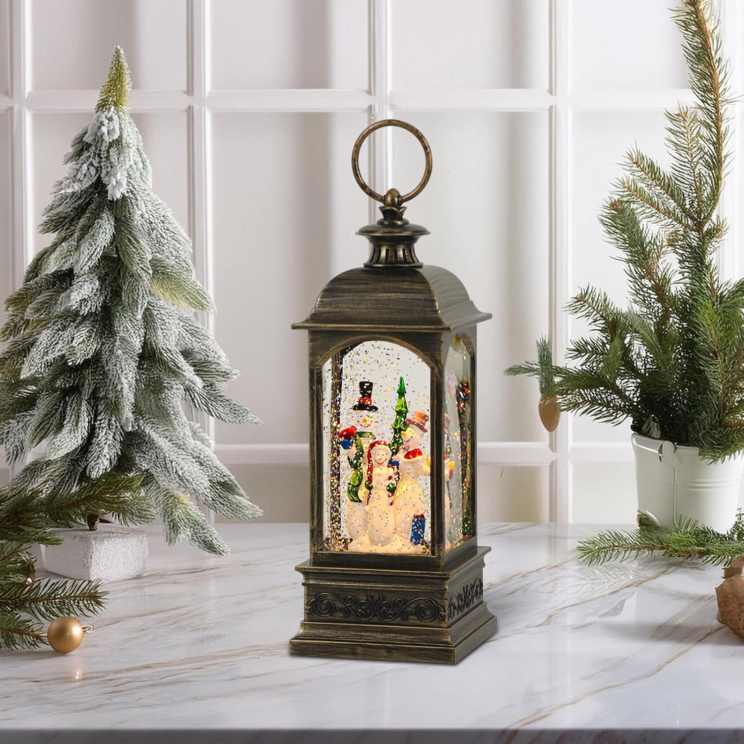 Christmas Snow Globe Swirling Glittering Snowman Scene with Timer & Music, Lighted Water Lantern USB Lined/Battery Operated for Christmas Festival Decoration Gifts - 11.4 inch