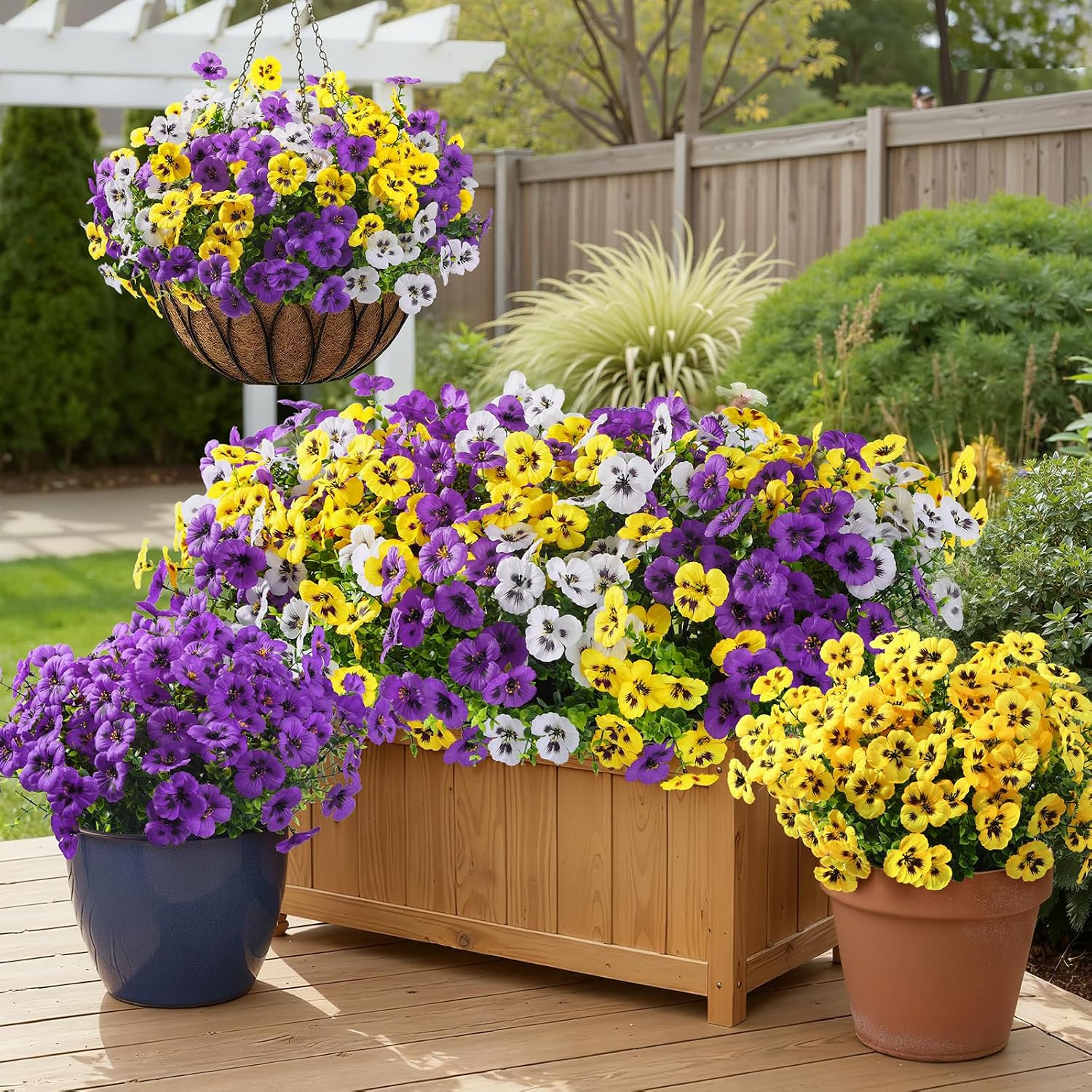 Alupssuc 24 Bundles Artificial Flowers for Outdoors Spring Decorations, Big Fake Flowers UV Resistant Realistic Pansies with Eucalyptus Silk Faux Flowers for Porch Yard, Yellow White CrimsonPurple