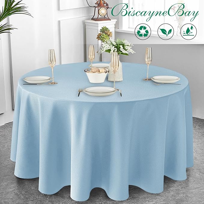 Biscaynebay Textured Fabric Round Tablecloths 90", Light Blue Water Resistant Washable Table Cloths Circle Folding Table Covers Linen for Dining, Kitchen, Wedding, Parties etc.