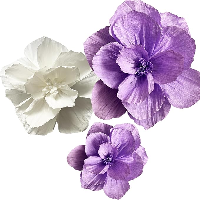 BRT Bearingshui Crepe Paper Flowers Decoration for Wall Total 9 Pcs, Artificial Flowers for Wedding Decor,Flower Backdrop Decor, Baby Bridal Shower Birthday Party, Purple White 3D Wall Flowers Decor