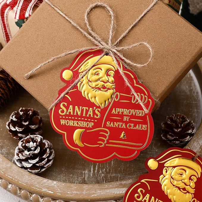36 Pcs Christmas Gift Tag with String 3D Santa Gift Tag Gold Foil Present from Santa Claus Premium Gold Tags for Kids Christmas Party Decor(Vintage)