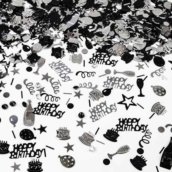 VHUWE Happy Birthday Confetti, 1.6 oz Black Silver Cake Balloon Star Goblet Bottle Confetti for Happy Birthday Party Decorations Boys Girls Kids Women Men Birthday Table Decorations | Black Silver