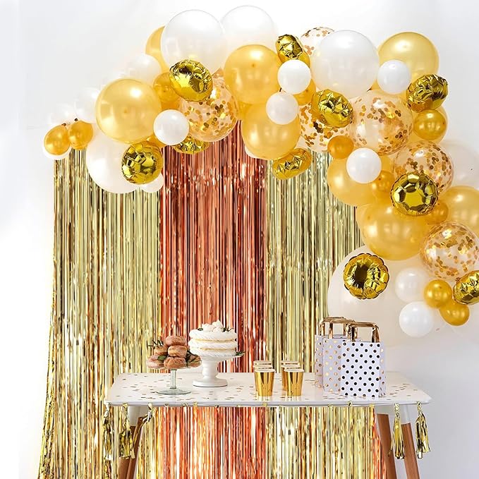 2 Pack Rose and Champion Foil Fringe Backdrop Curtains, Tinsel Streamers Party Decorations, Fringe Backdrop, Door Shimmer for Anniversary or Birthday Party