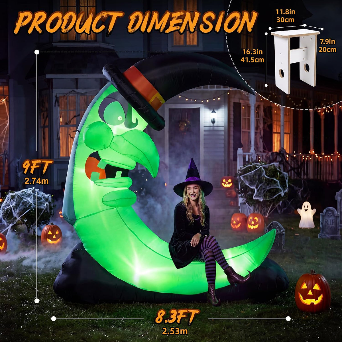 9ft green witch moon halloween inflatables outdoor decorations shown in use