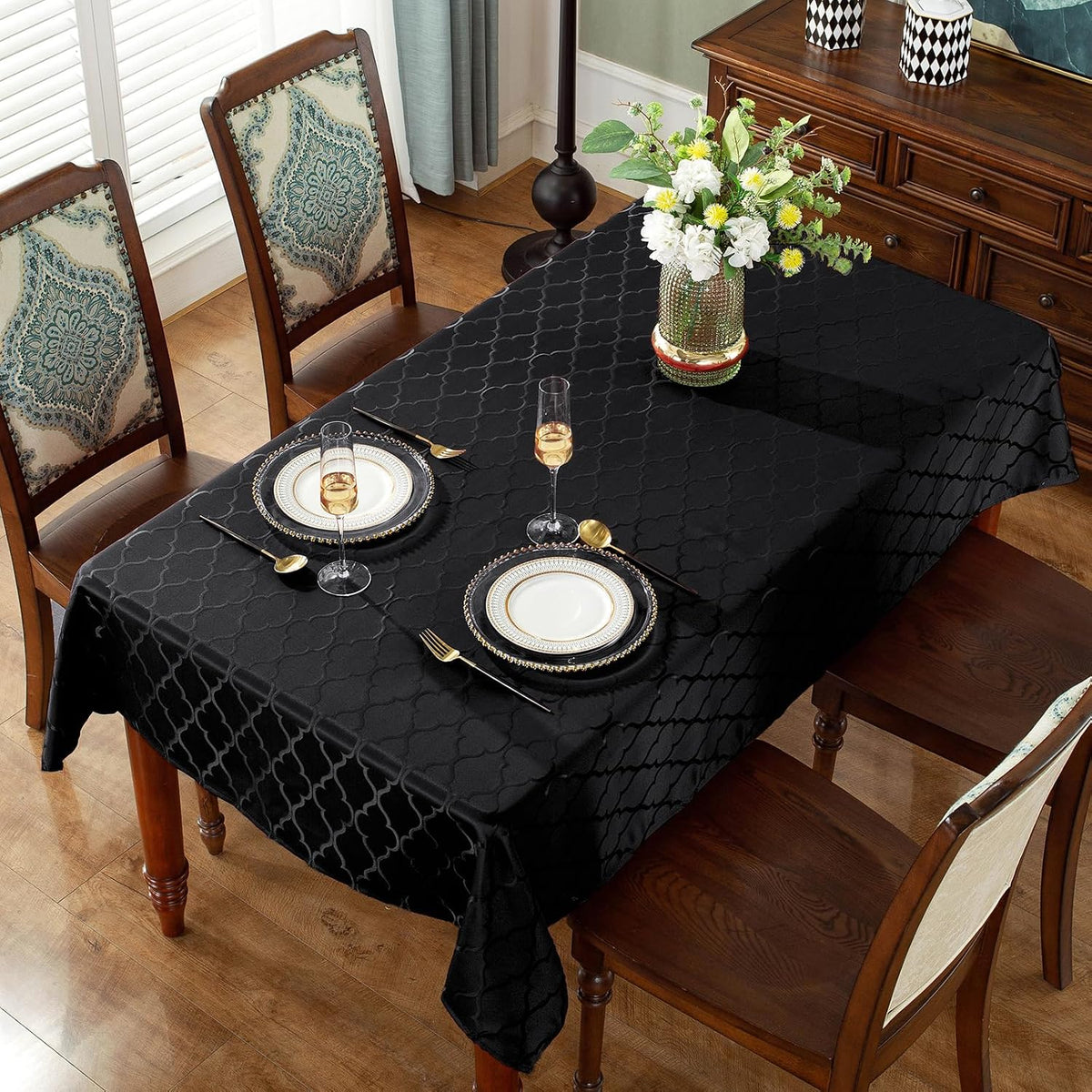 SASTYBALE Jacquard Tablecloth, Rectangle, 60" x 120", Black
