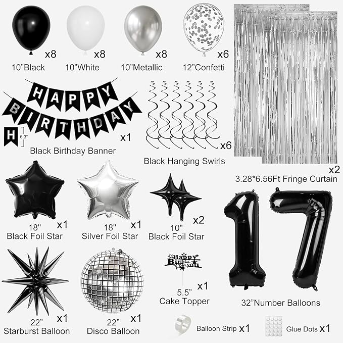17th Birthday Decorations for Boys Girls, Black Silver Happy Birthday Party Decorations， 17 Year Old Party Supplies with Number 17 Balloons, Banner, Fringe Curtains Kit