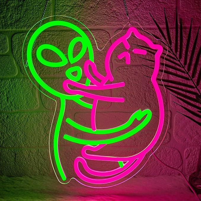 Alien Cat Neon Sign,Neon Signs for Wall Decor,LED Cat Alien Sign,Dimmable Neon Lights for bedroom,Man Cave,USB Powered Neon Light Sign,Cute LED Signs for Wall Decor,Alien Decor,Game Room