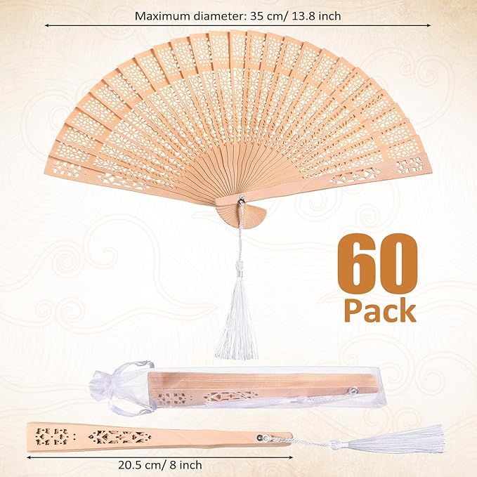 Qunclay 60Pcs Wooden Hand Fans Folding Wedding Fans for Guest Chinese Hollow Pattern with White Tassel and Gift Bag for Wedding Bridal Shower Birthday Party Favors Gift and Home Decor(Simple Style)
