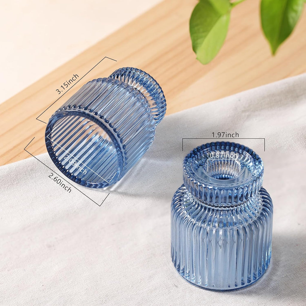 DARJEN 6 Pcs Blue Glass Candlestick Holders with Vertical Stripes - Irregular Shaped, Dual-Use for Taper Candles & Votive/Tea Lights, Candle Holders for Dining Table, Wedding, Party, Home, Gifts