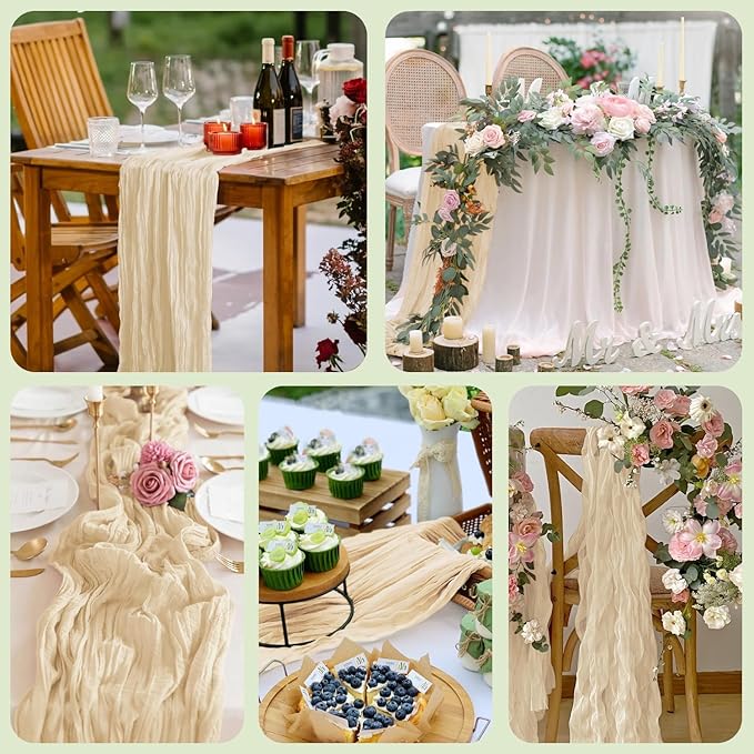 Asee'm 3pcs Cheesecloth Table Runner 120 Inches Long Sand Boho Gauze Cheese Cloth Runner 10FT Rustic Sheer Table Runners for Christmas Wedding Party Baby Shower Spring Easter Decoration