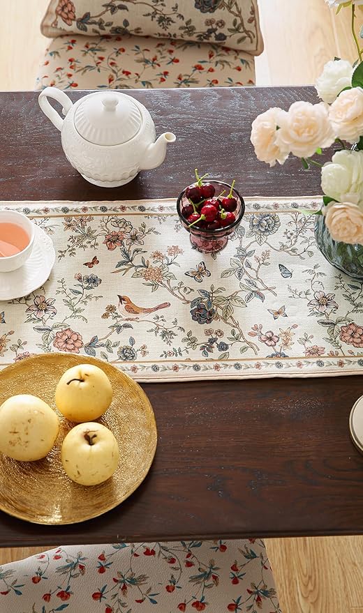 ISAENNE Designer Linen Table Runner 102 Inches Long,Elegant Floral Bird Pattern Table Runners for Dining Room,Farmhouse Rustic Kitchen Decor,Thanksgiving,Christmas,12"*102"-Cornucopia