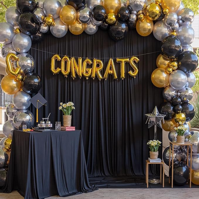 30ft x 15ft Black Wrinkle Free Backdrop Curtain for Parties, Silky Polyester Fabric Wedding Ceiling Drapes, 6 Panels 15ft Photo Back Drop Drapes for Baby Shower Photography Stage Background Cloth