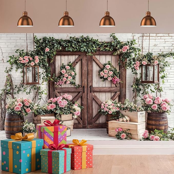 8x6ft Country Wedding Photography Backdrop Floral Rustic Roses Farmhouse Wooden Door Backdrop Pink Flower Birthday Baby Shower Wedding Bridal Party Banner Photo Booth Props Anniversary Background