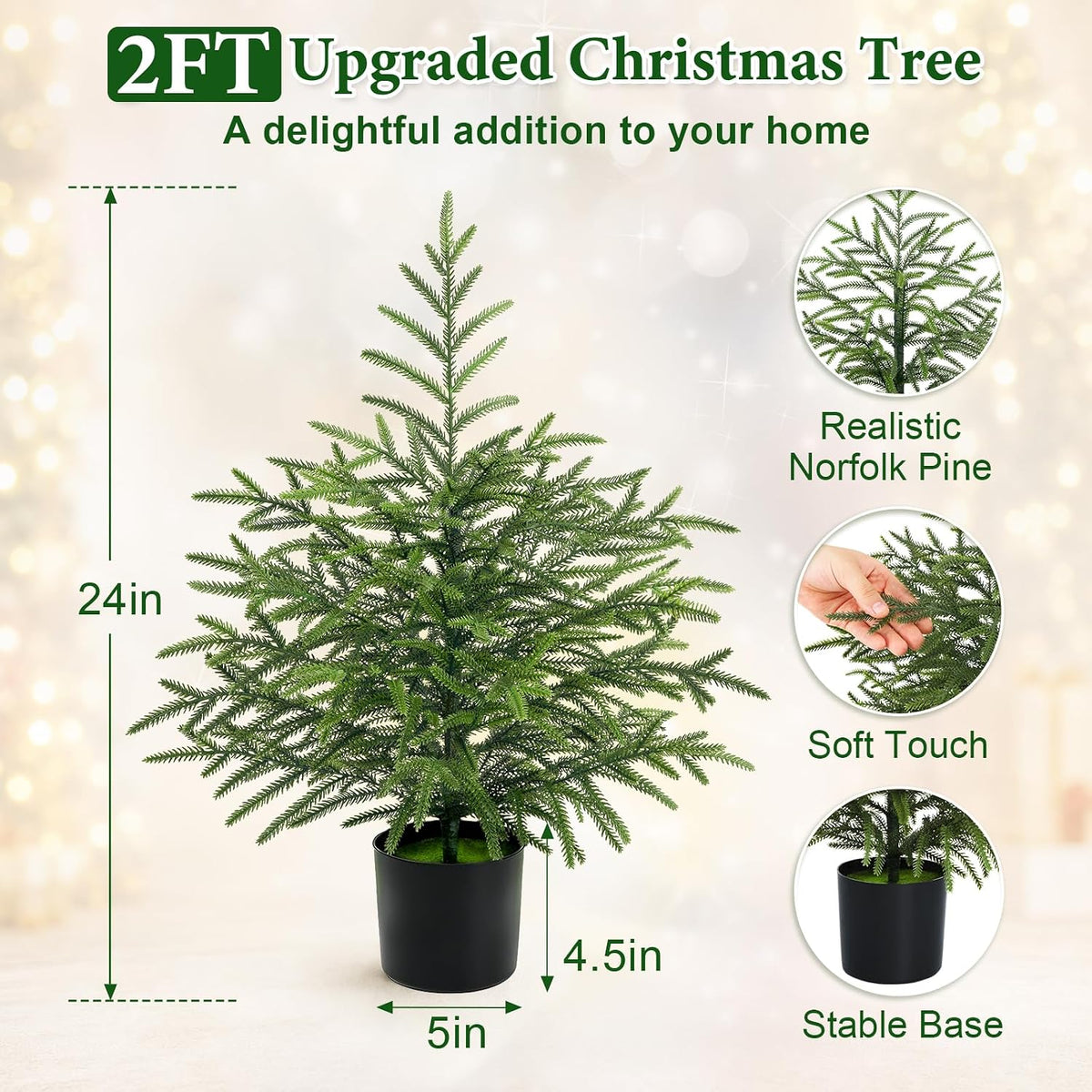 2 ft real touch christmas tree with lights, front angle view